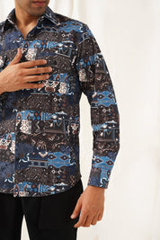 Navy Blue Printed Spread Collar Cotton Curved Casual Shirt - SF_930Navy_S