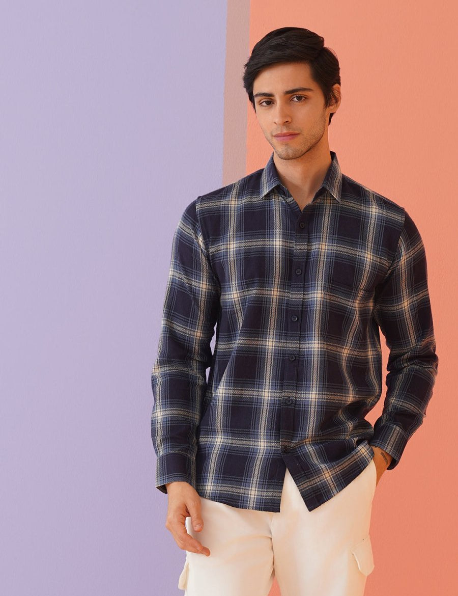Navy Checked Cotton Shirt for Men - SF_9012Navy_S