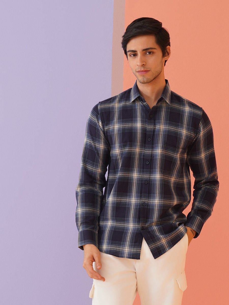 Navy Checked Cotton Shirt for Men - SF_9012Navy_S