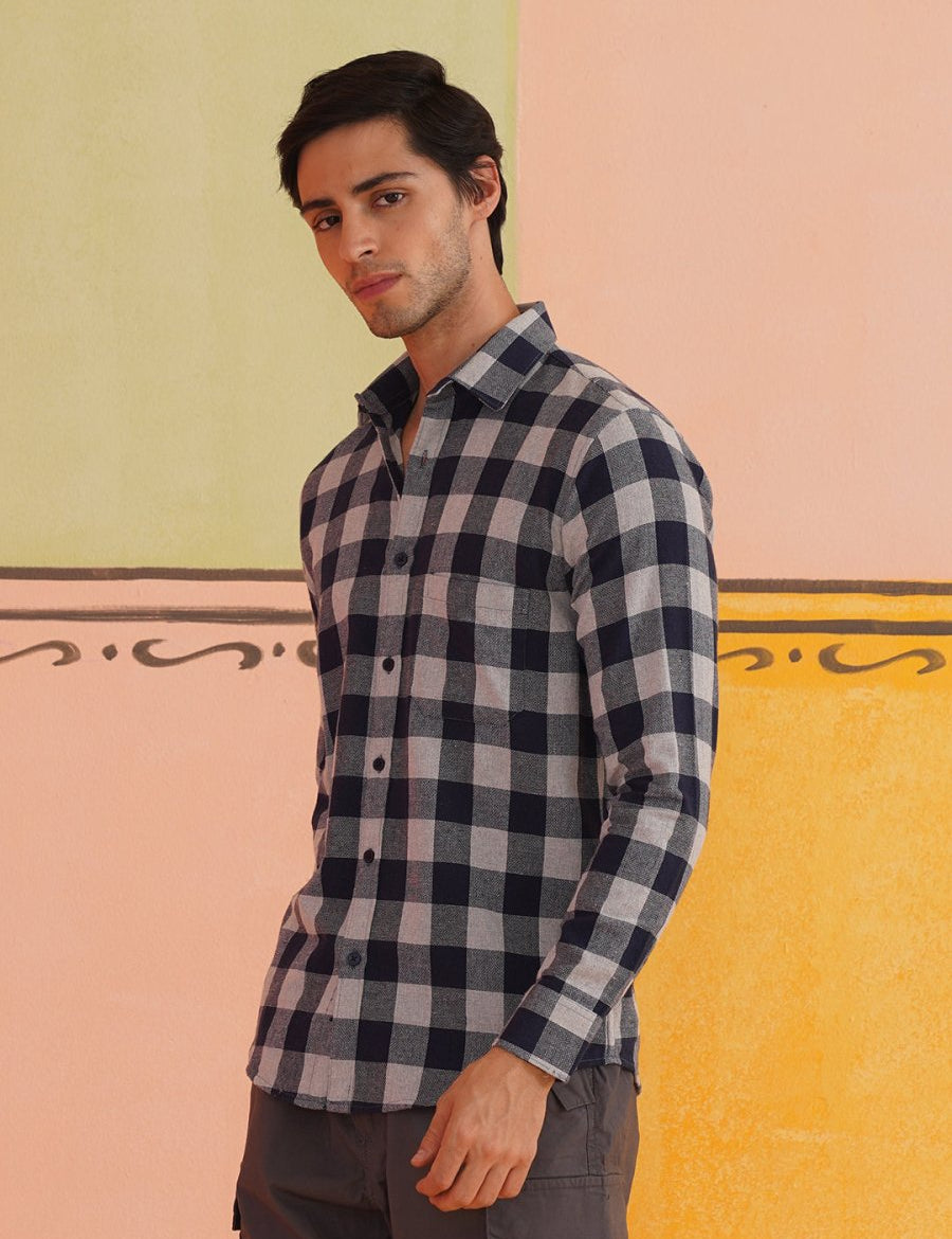 Navy Checked Cotton Shirt for Men - SF_9024Navy_S