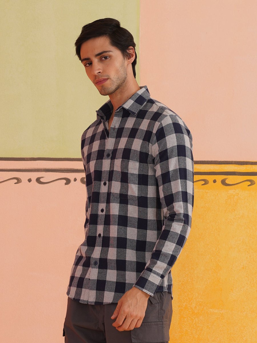 Navy Checked Cotton Shirt for Men - SF_9024Navy_S