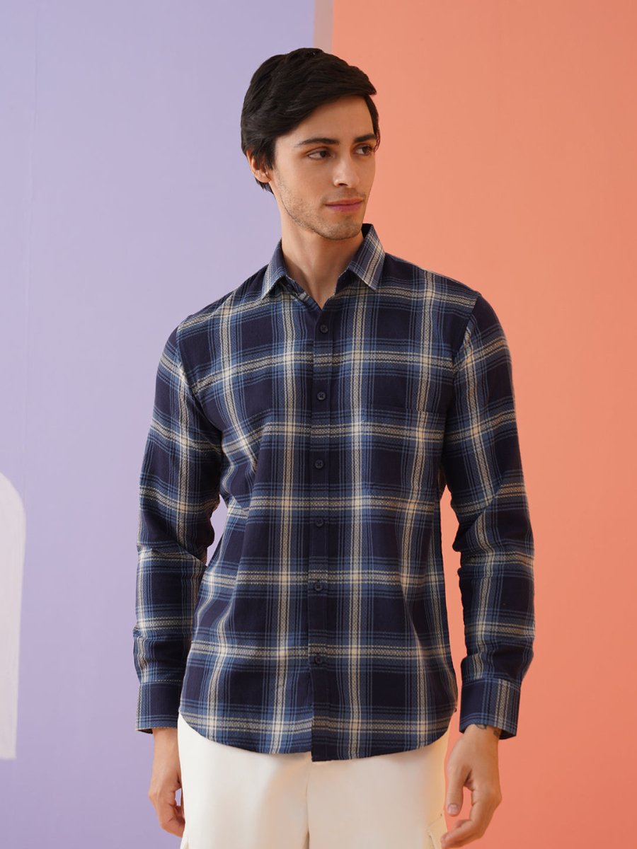 Navy Checked Cotton Shirt for Men - SF_9012Navy_S