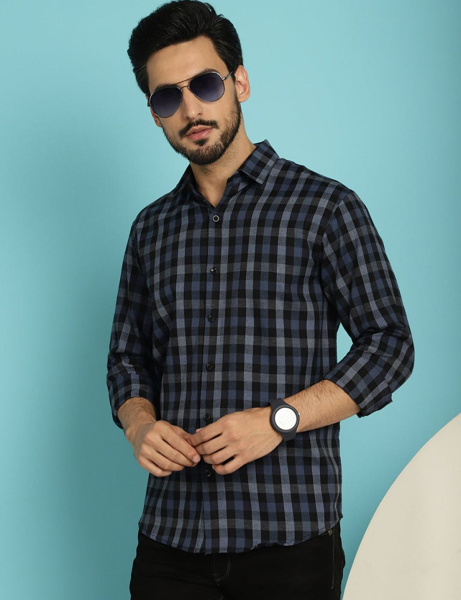Navy Checked Cotton Shirt for Men - SF_900Navy_S