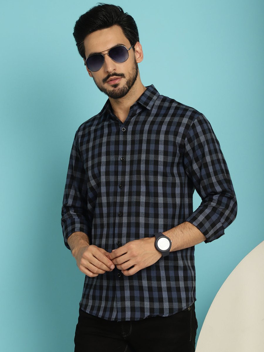 Navy Checked Cotton Shirt for Men - SF_900Navy_S