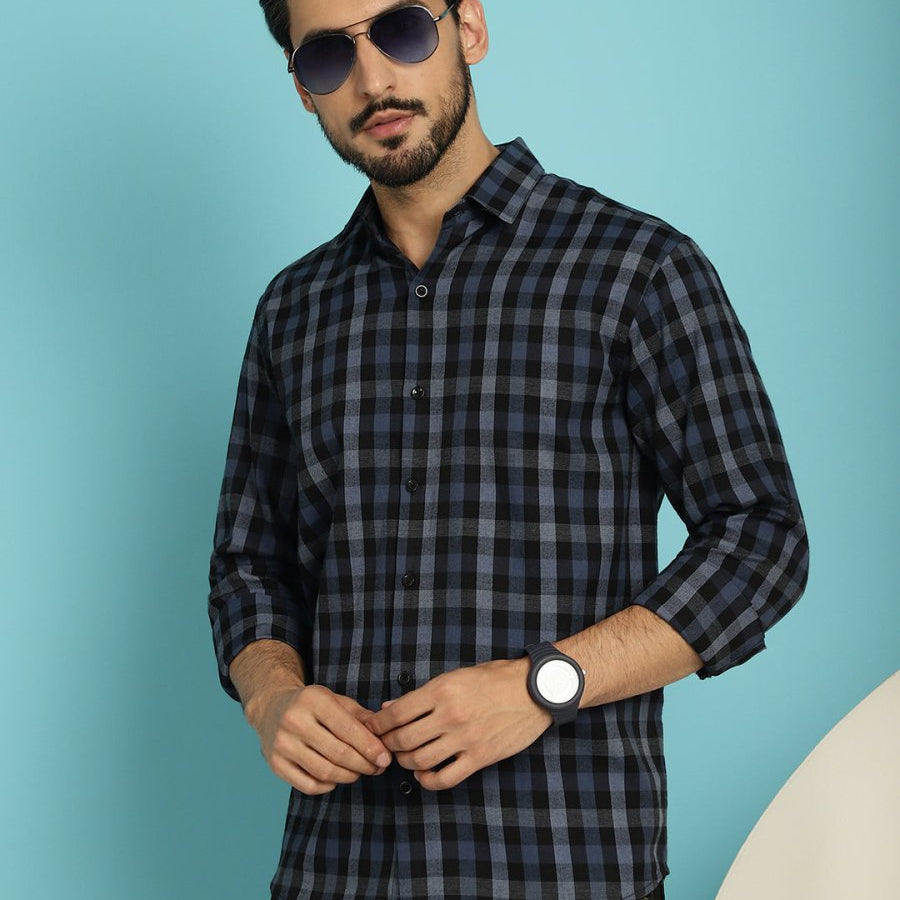 Navy Checked Cotton Shirt for Men - SF_900Navy_S