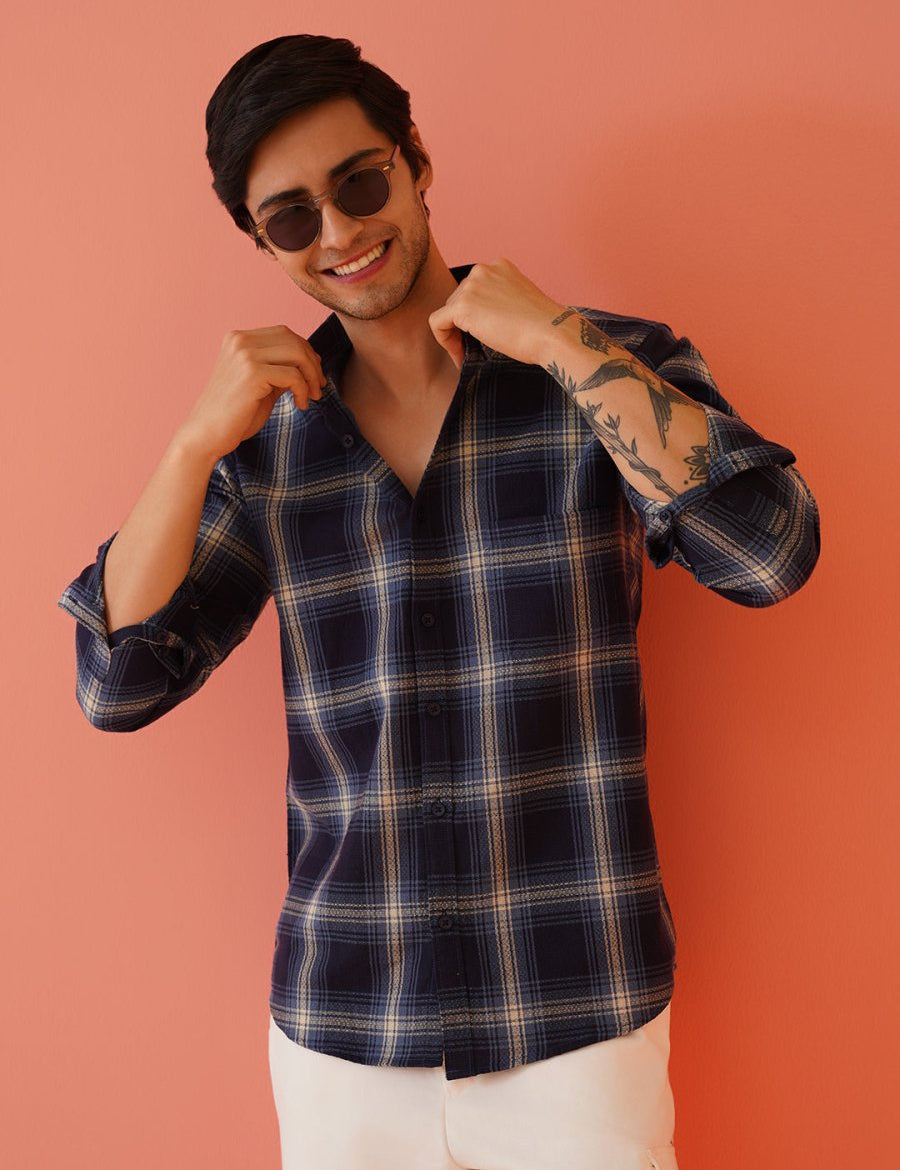 Navy Checked Cotton Shirt for Men - SF_9012Navy_S