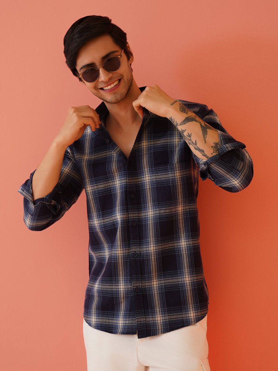 Navy Checked Cotton Shirt for Men - SF_9012Navy_S