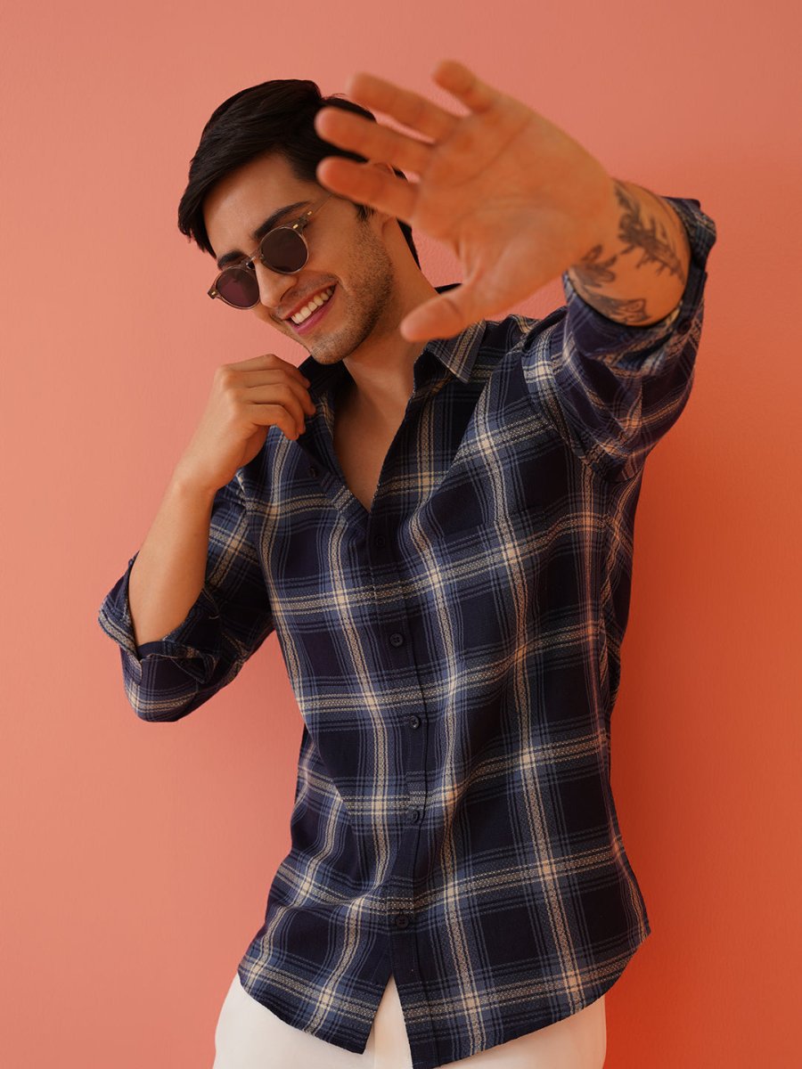 Navy Checked Cotton Shirt for Men - SF_9012Navy_S
