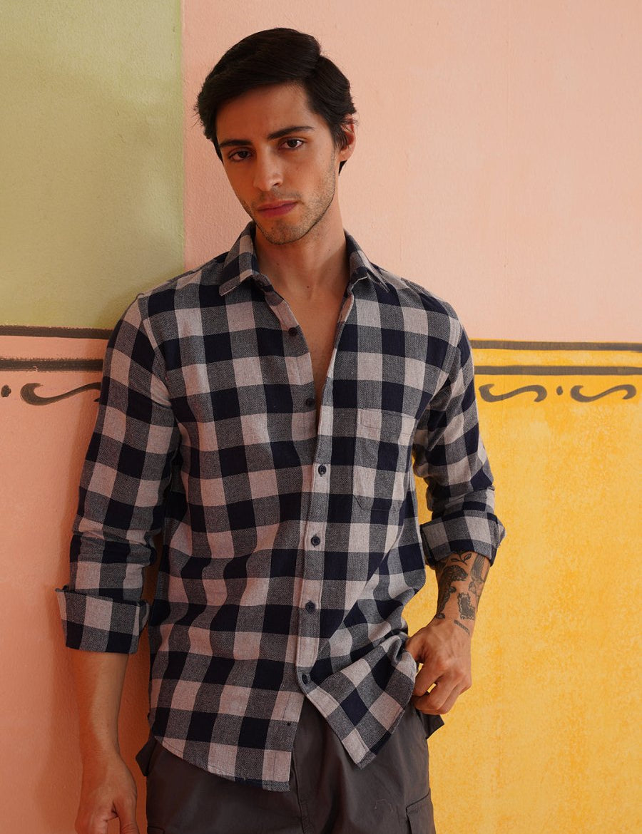 Navy Checked Cotton Shirt for Men - SF_9024Navy_S