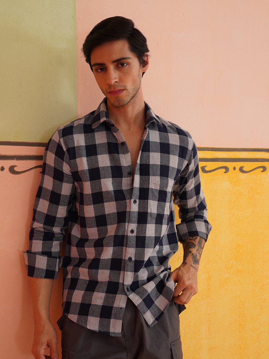 Navy Checked Cotton Shirt for Men - SF_9024Navy_S