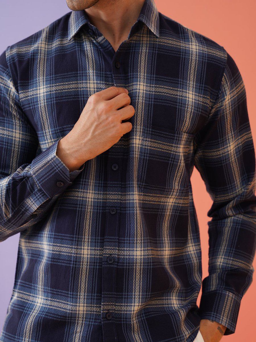 Navy Checked Cotton Shirt for Men - SF_9012Navy_S