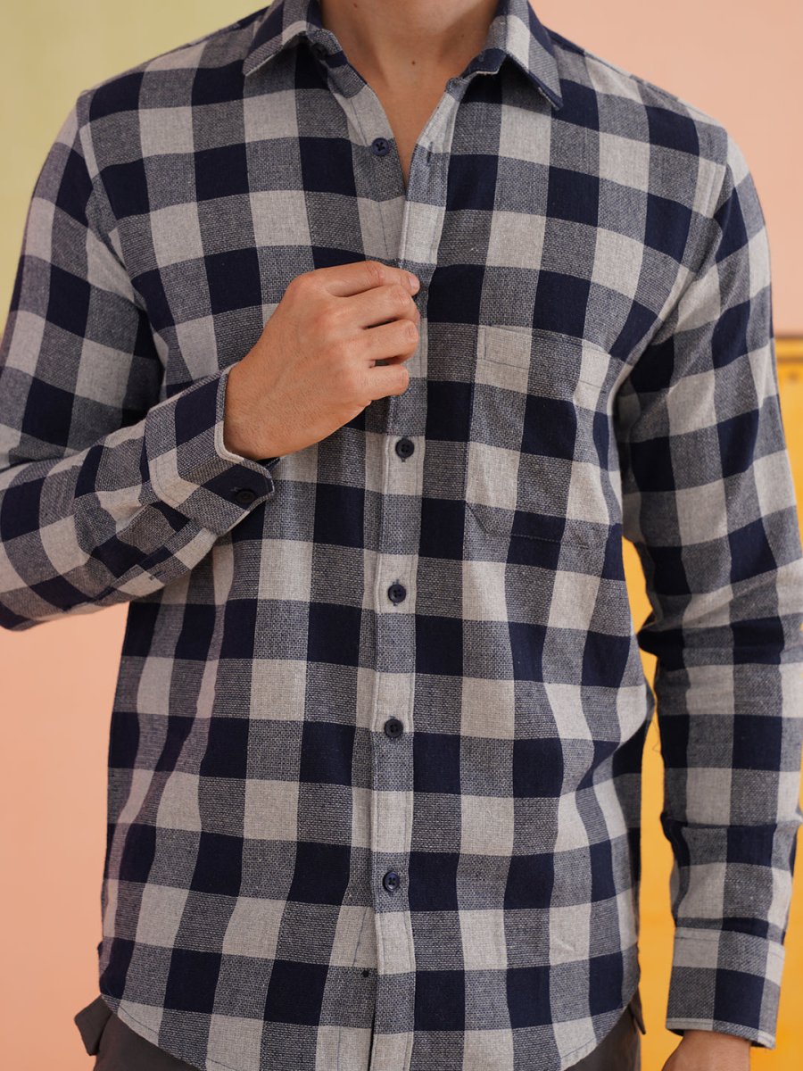 Navy Checked Cotton Shirt for Men - SF_9024Navy_S