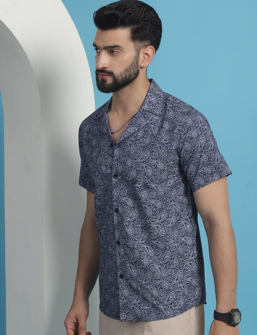 Navy Printed Half Sleeve Shirt for Men - SF_935Navy_S