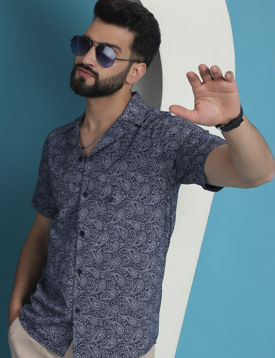 Navy Printed Half Sleeve Shirt for Men - SF_935Navy_S