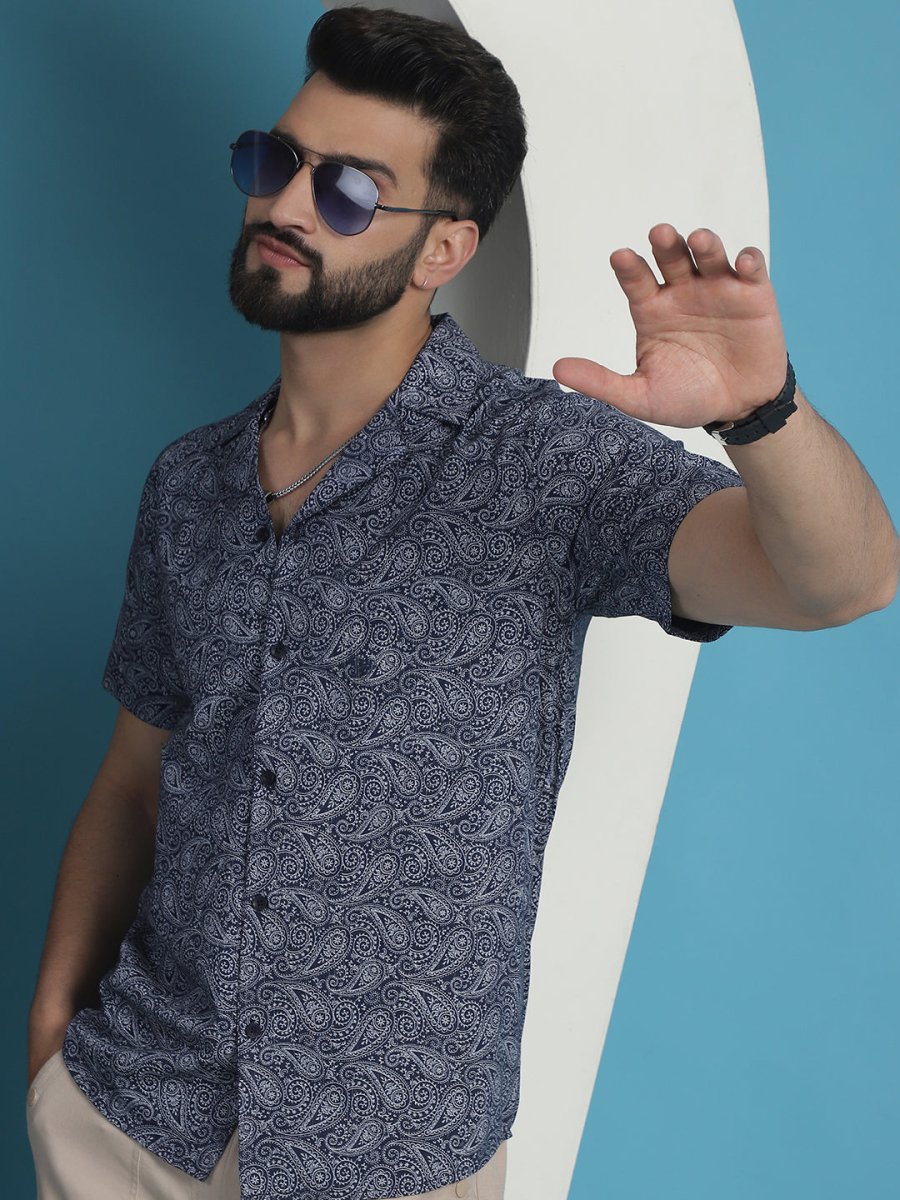 Navy Printed Half Sleeve Shirt for Men - SF_935Navy_S