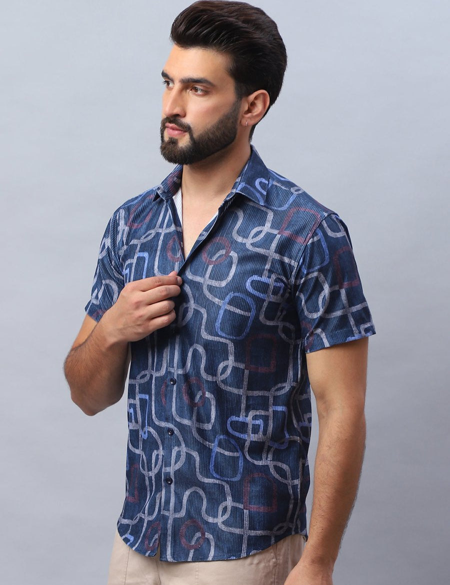 Navy Printed Party Shirt for Men - SF_981Navy_S