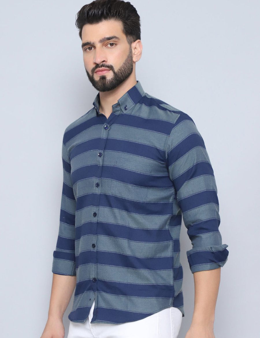 Navy Striped Cotton Shirt for Men - SF_993Blue_S