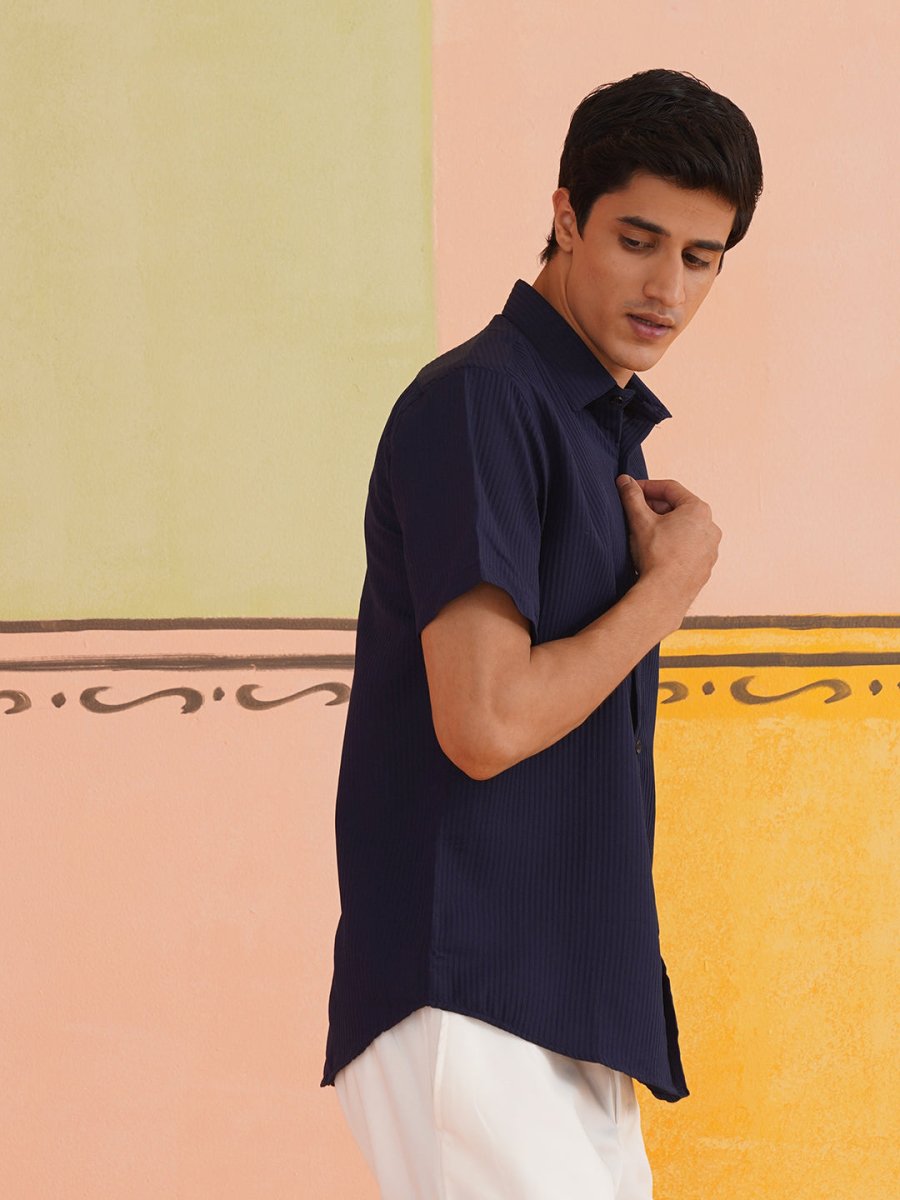 Navy Striped Half Sleeve Shirt for Men - SF_921Navy_S