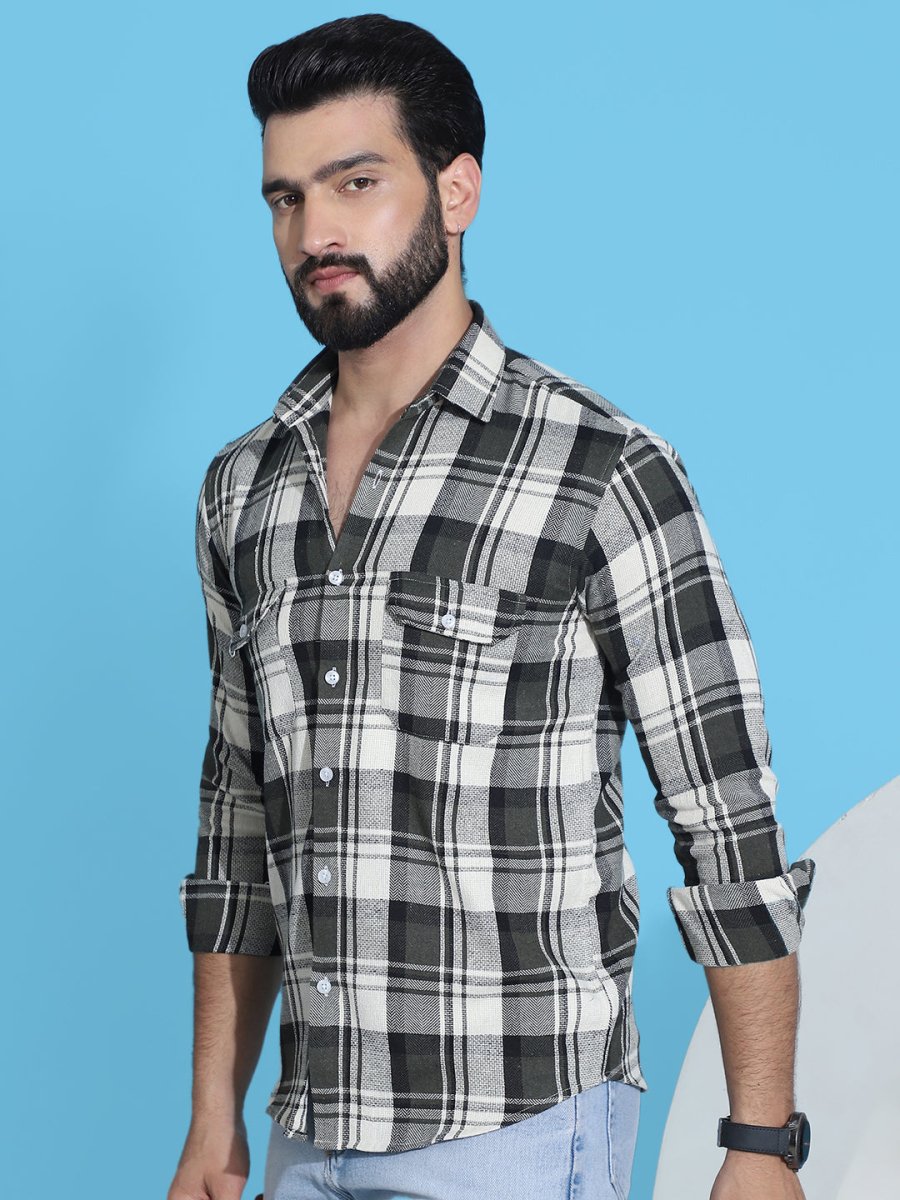 Olive Checked Cotton Shirt for Men - SF_951Olive_S