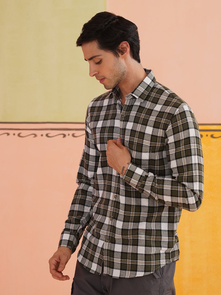 Olive Checked Cotton Shirt for Men - SF_9017Olive_S
