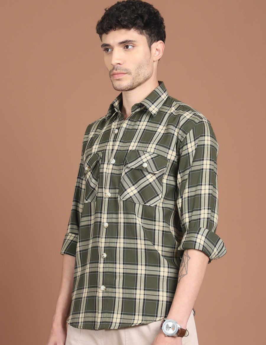 Olive Checked Cotton Shirt for Men - SF_9030Olive_S