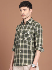 Olive Checked Cotton Shirt for Men - SF_9030Olive_S