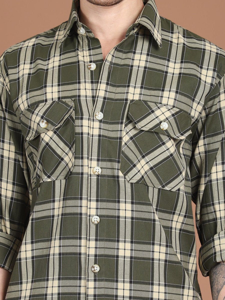 Olive Checked Cotton Shirt for Men - SF_9030Olive_S