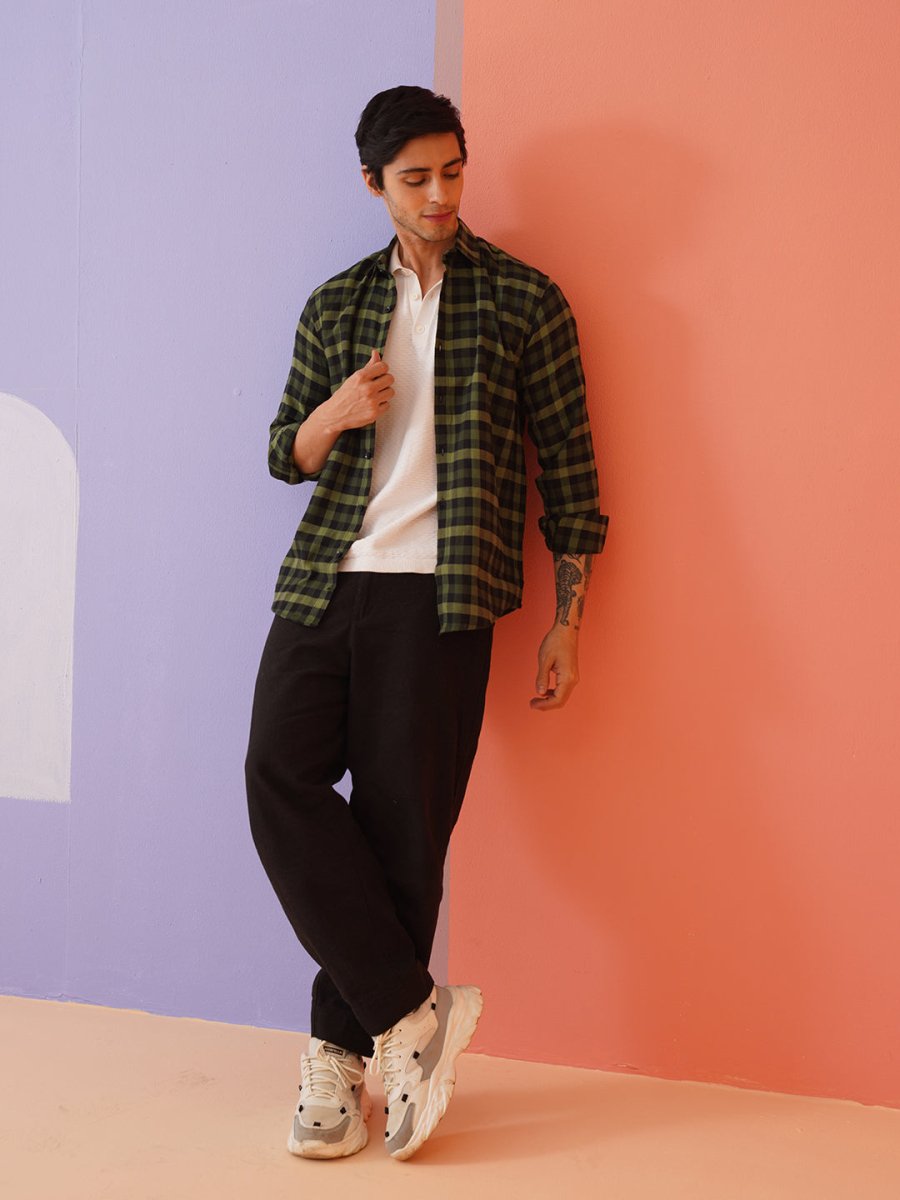Olive Checked Cotton Shirt for Men - SF_900Olive_S