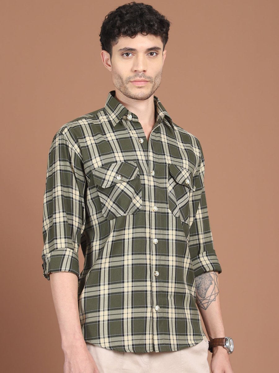 Olive Checked Cotton Shirt for Men - SF_9030Olive_S