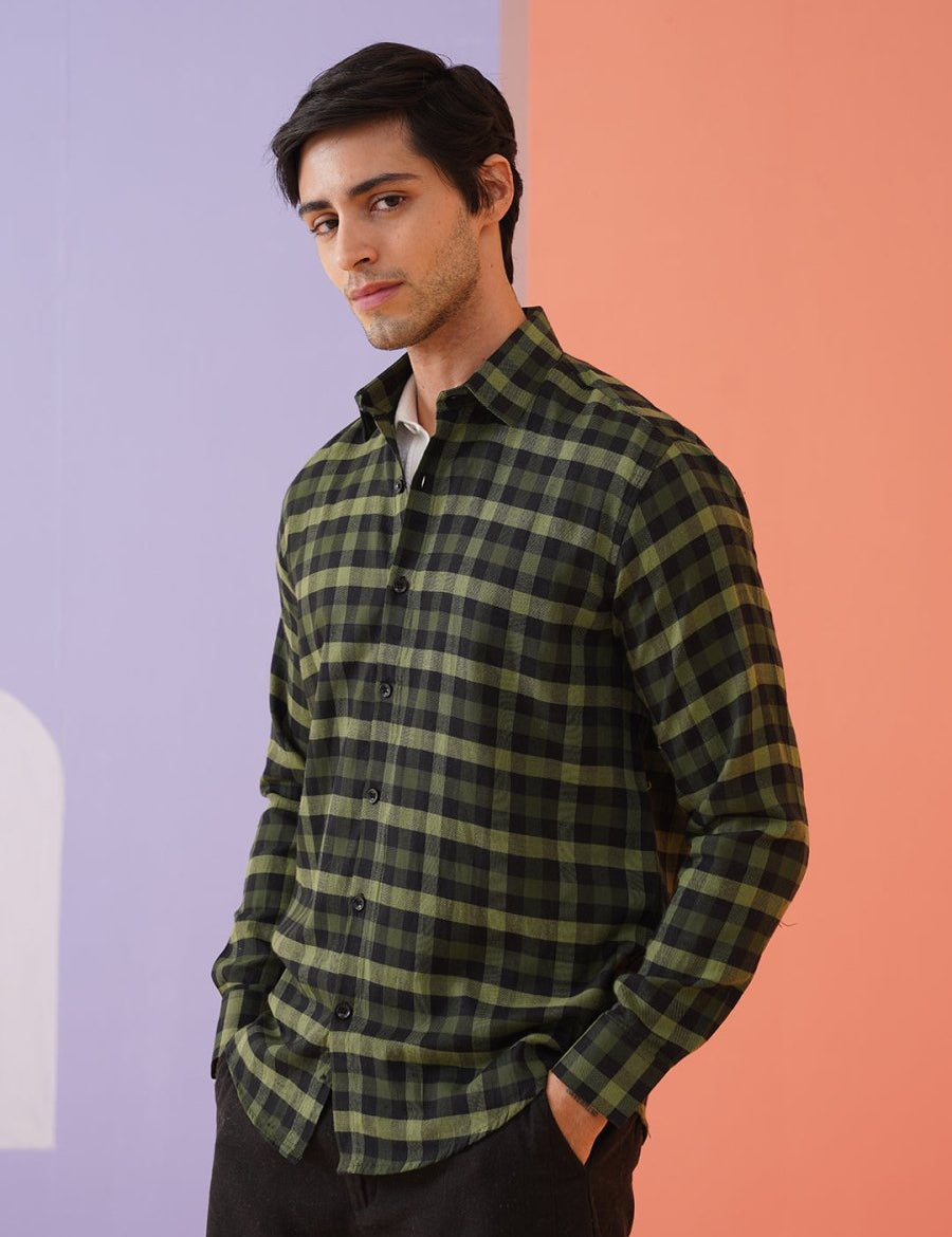 Olive Checked Cotton Shirt for Men - SF_900Olive_S