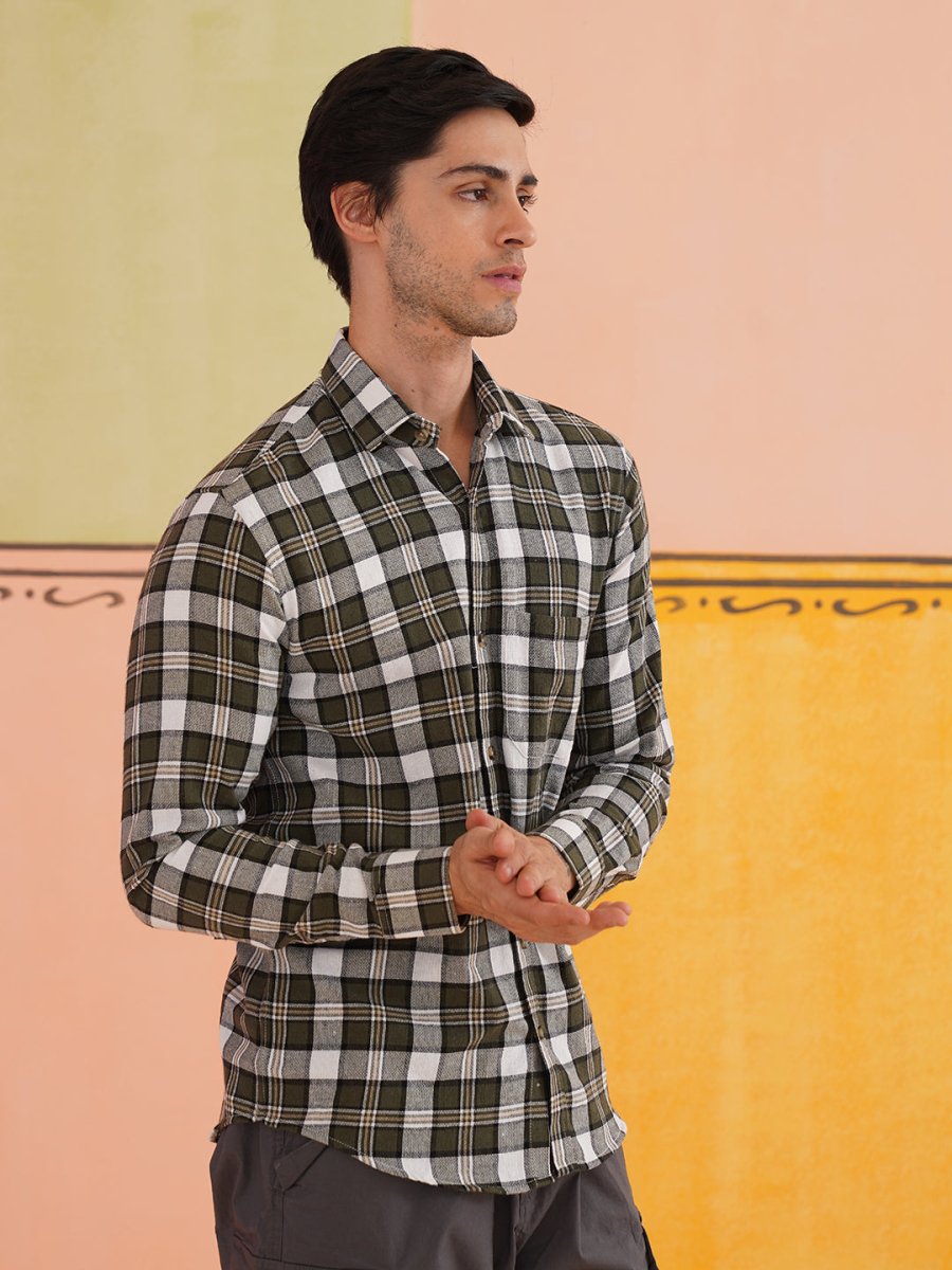 Olive Checked Cotton Shirt for Men - SF_9017Olive_S