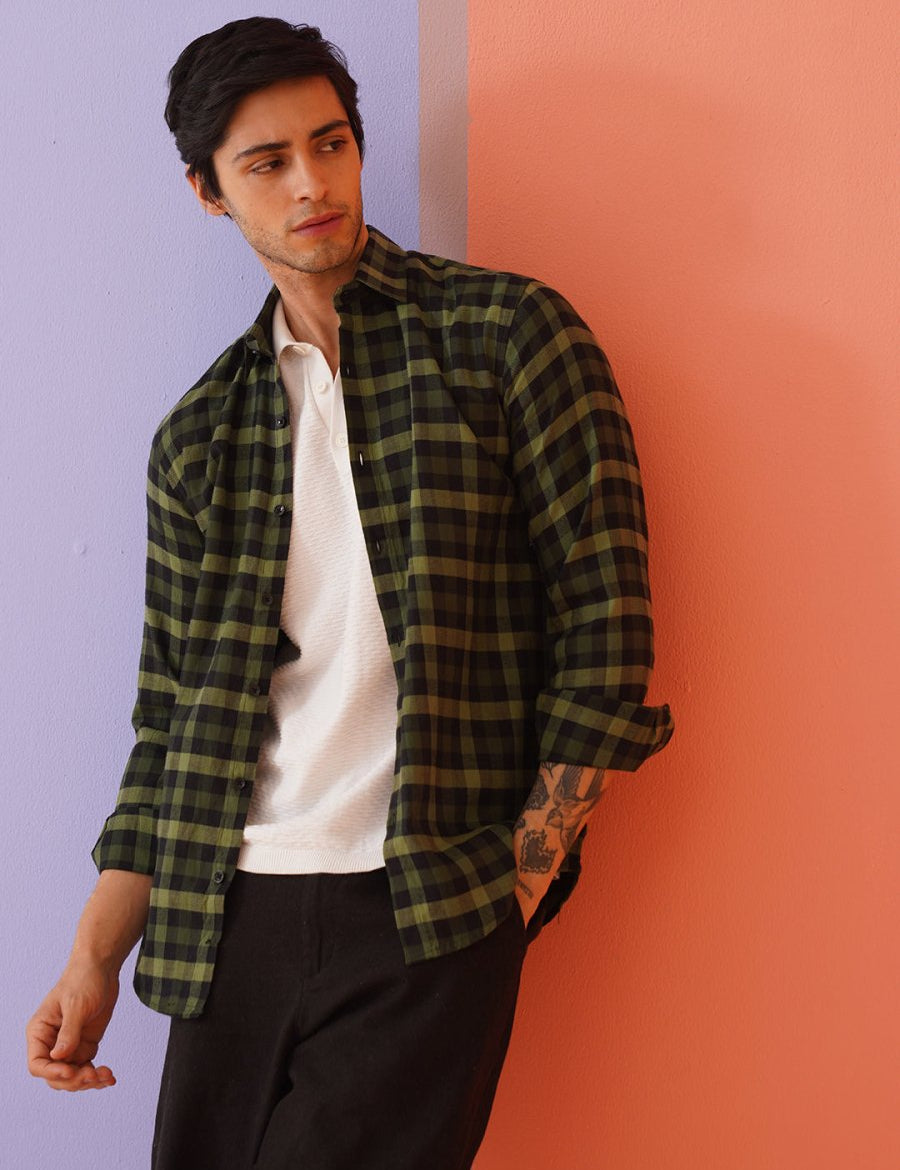 Olive Checked Cotton Shirt for Men - SF_900Olive_S