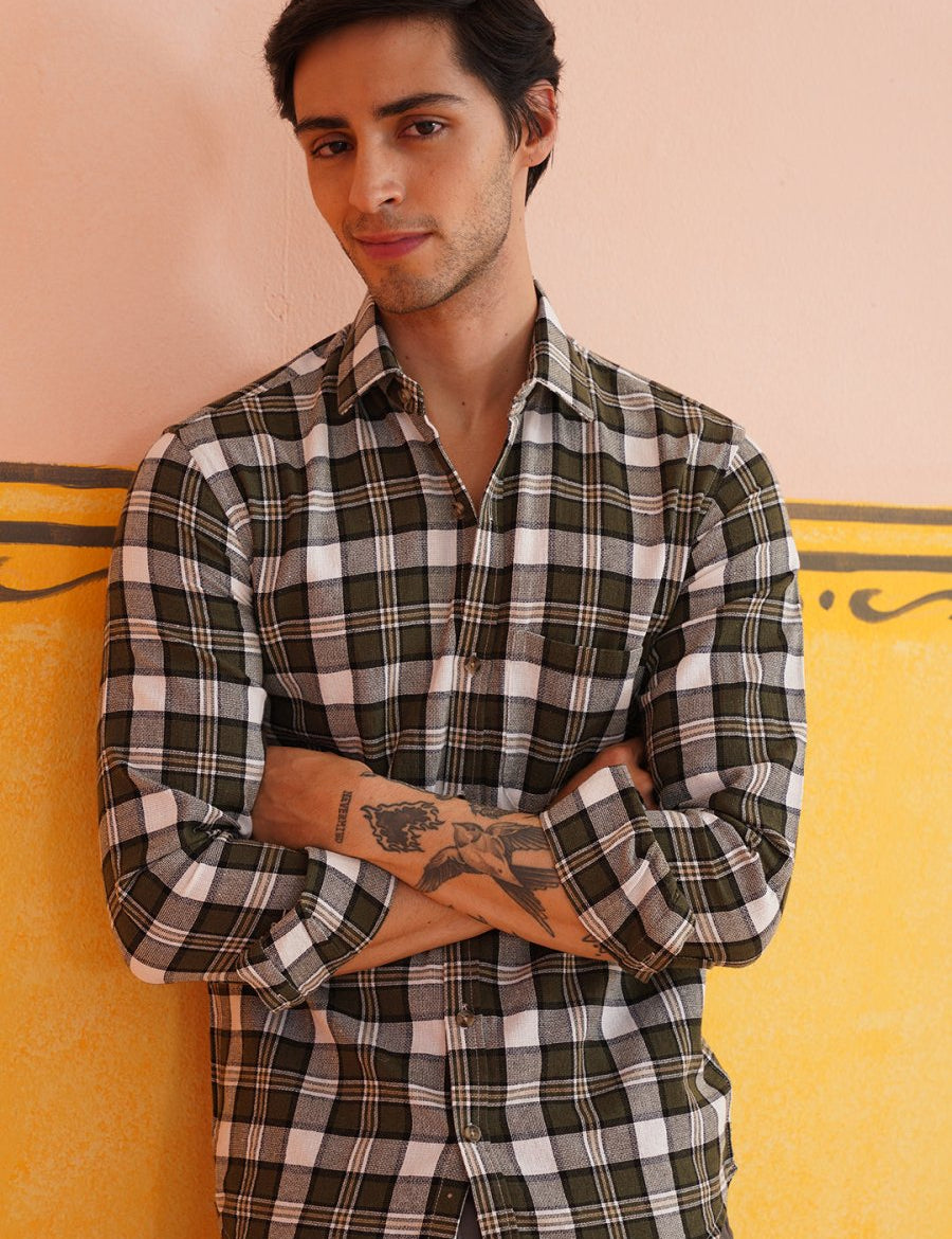 Olive Checked Cotton Shirt for Men - SF_9017Olive_S