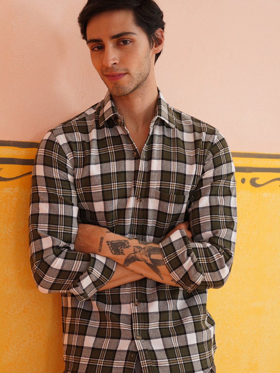Olive Checked Cotton Shirt for Men - SF_9017Olive_S
