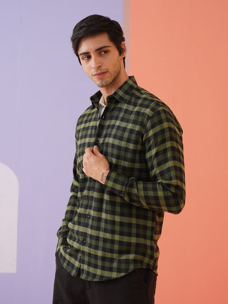 Olive Checked Cotton Shirt for Men - SF_900Olive_S