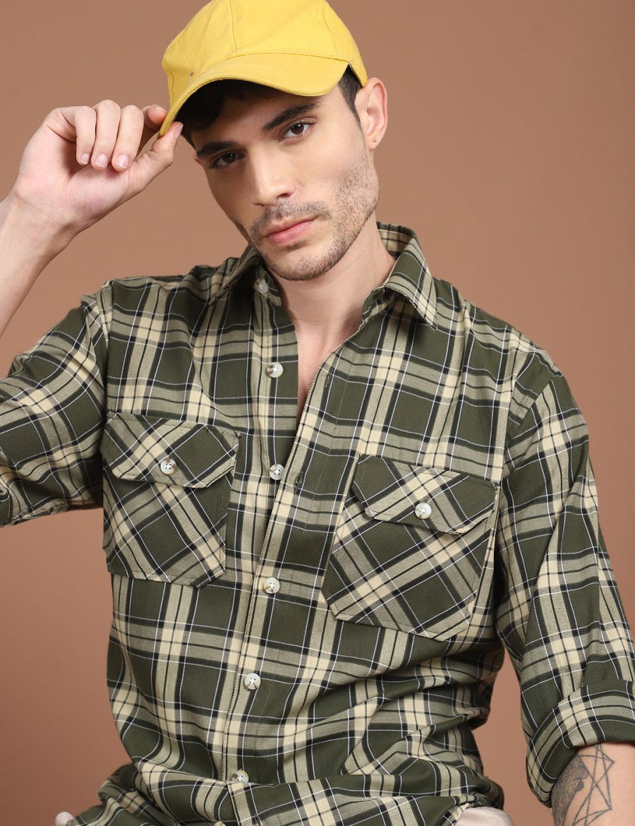 Olive Checked Cotton Shirt for Men - SF_9030Olive_S