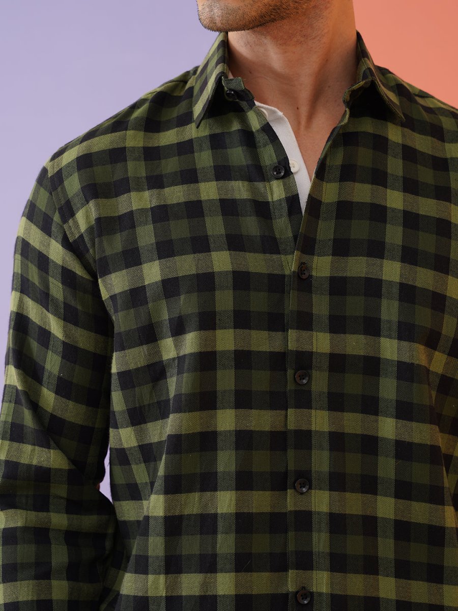 Olive Checked Cotton Shirt for Men - SF_900Olive_S