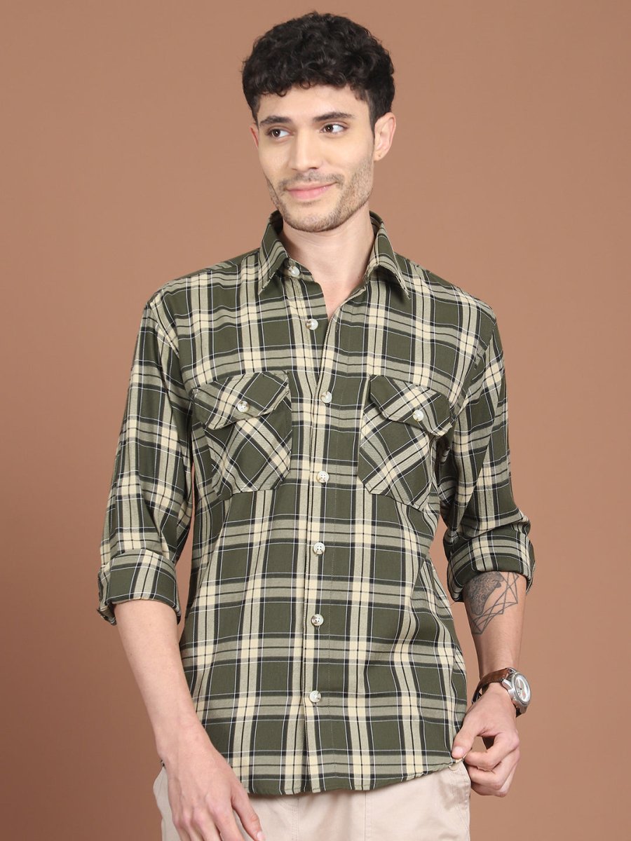 Olive Checked Cotton Shirt for Men - SF_9030Olive_S