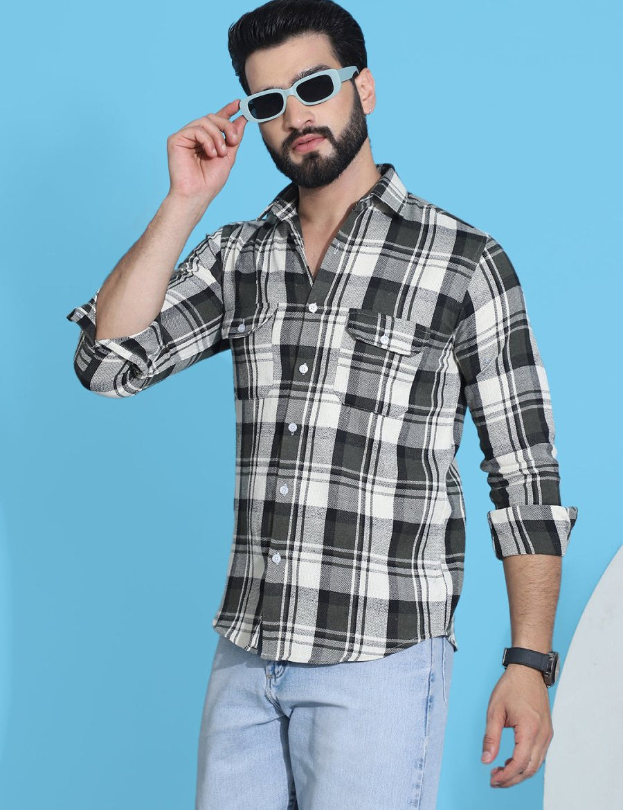 Olive Checked Cotton Shirt for Men - SF_951Olive_S