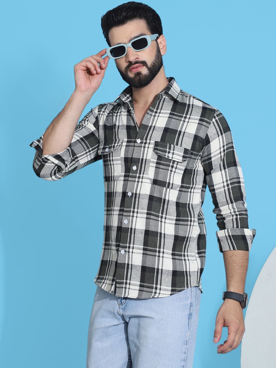 Olive Checked Cotton Shirt for Men - SF_951Olive_S