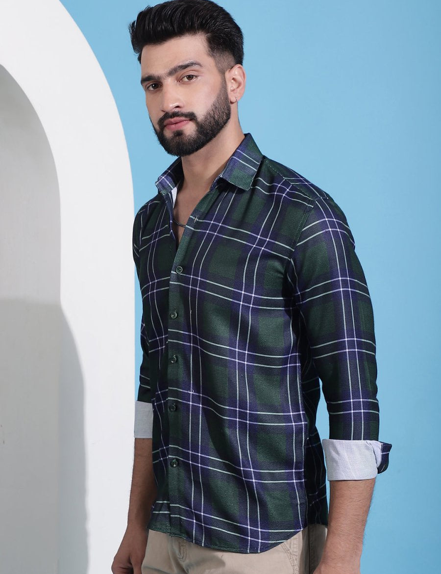 Olive Green Checked Cotton Casual Shirt for Men - SF_942Olive_S