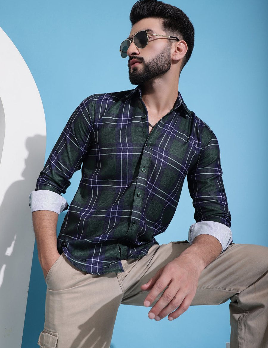Olive Green Checked Cotton Casual Shirt for Men - SF_942Olive_S