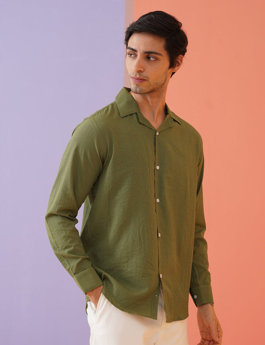 Olive Self Design Cotton Formal Shirt for Men - SF_904Olive_S