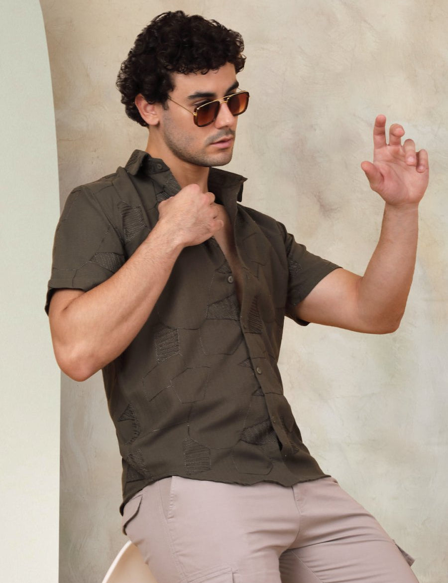 Olive Self Design Party Shirt for Men - SF_944Olive_S