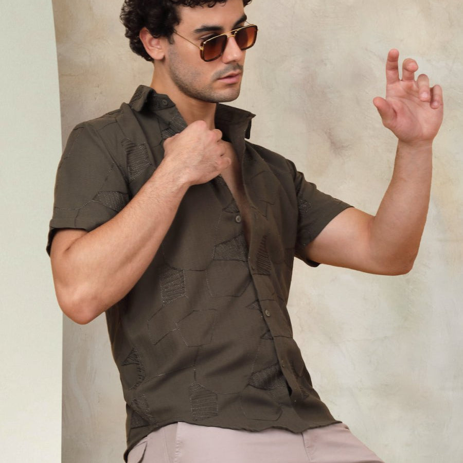 Olive Self Design Party Shirt for Men - SF_944Olive_S