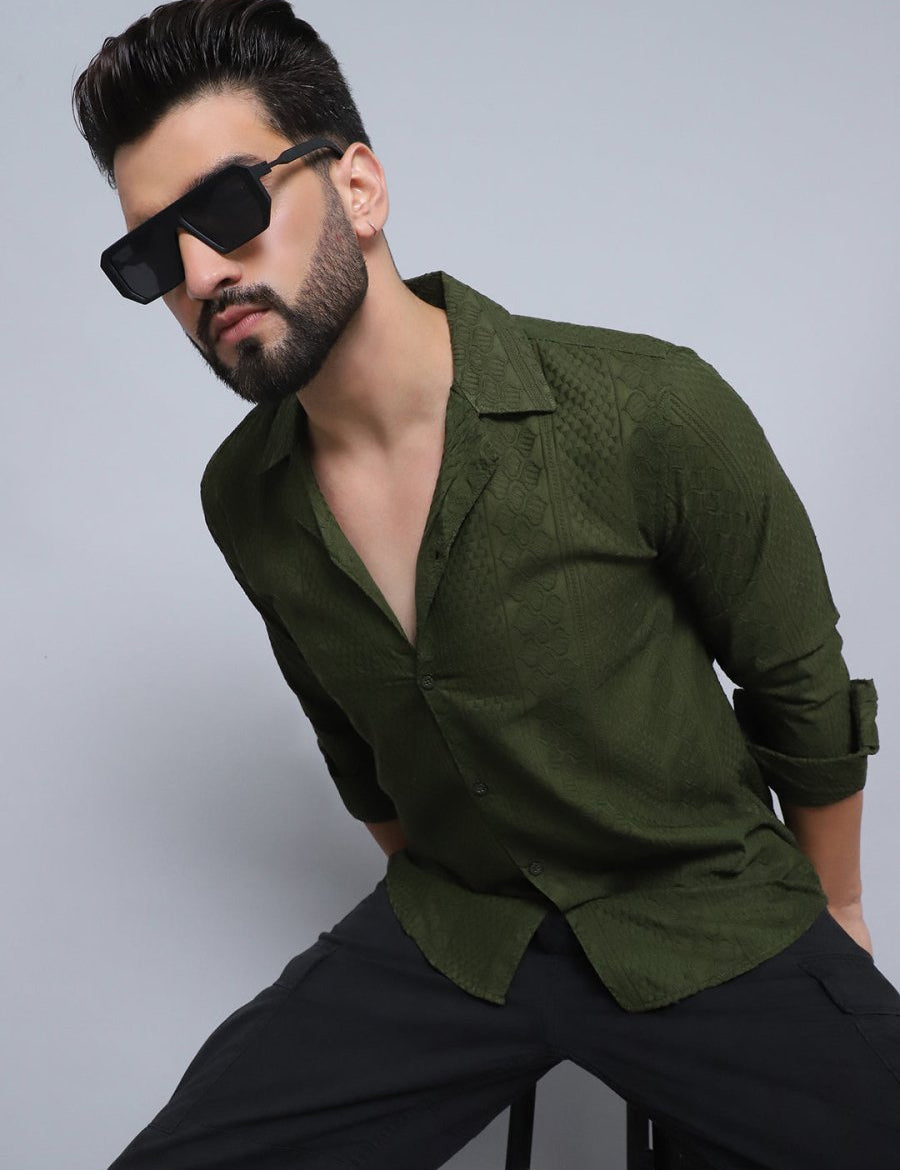 Olive Self Design Party Shirt for Men - SF_992Olive_S