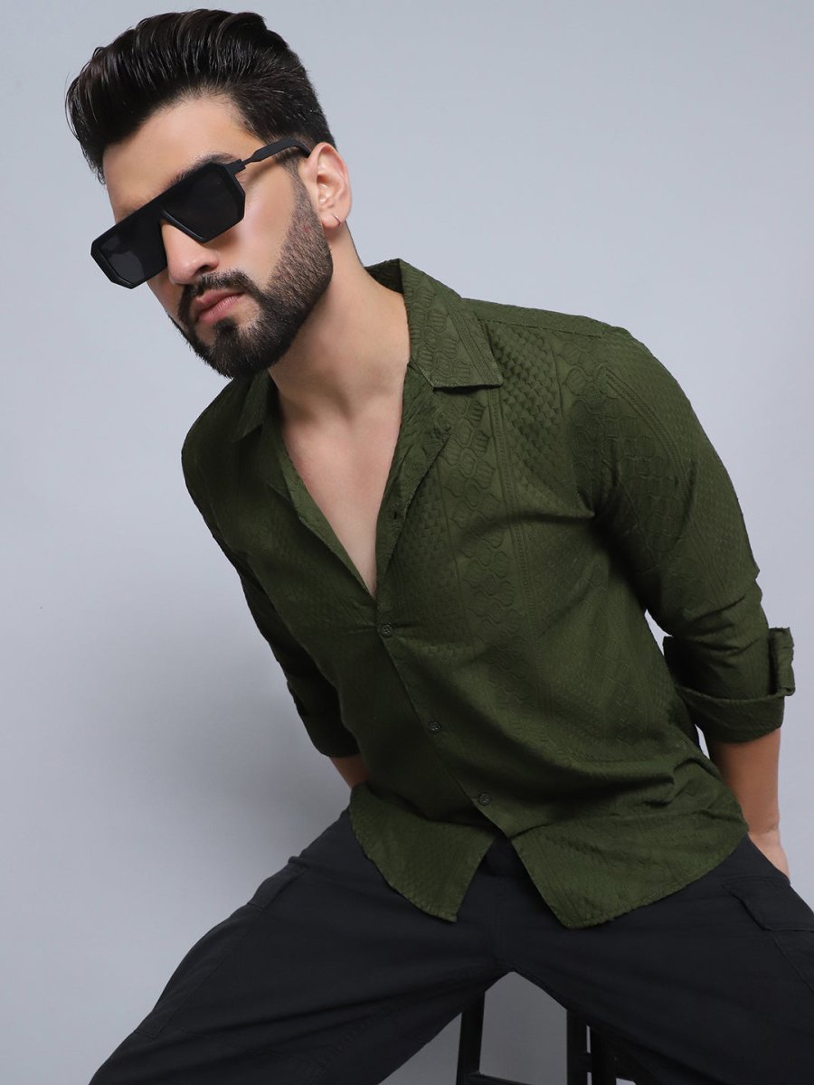 Olive Self Design Party Shirt for Men - SF_992Olive_S