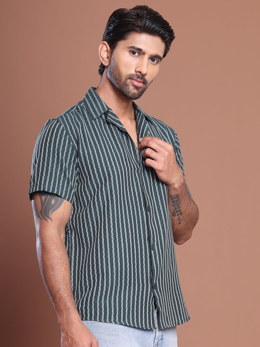 Olive Striped Half Sleeve Shirt for Men - SF_9037Olive_S