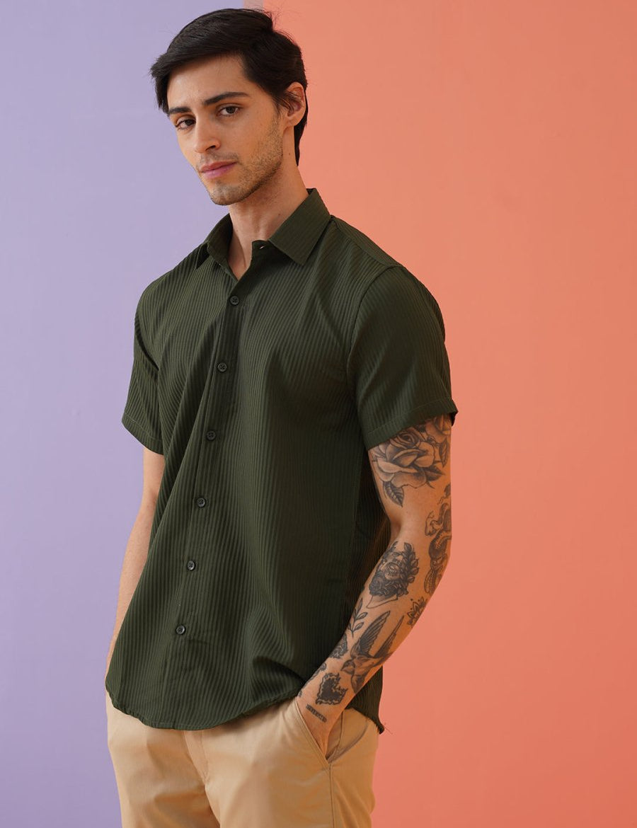 Olive Striped Half Sleeve Shirt for Men - SF_921Olive_S
