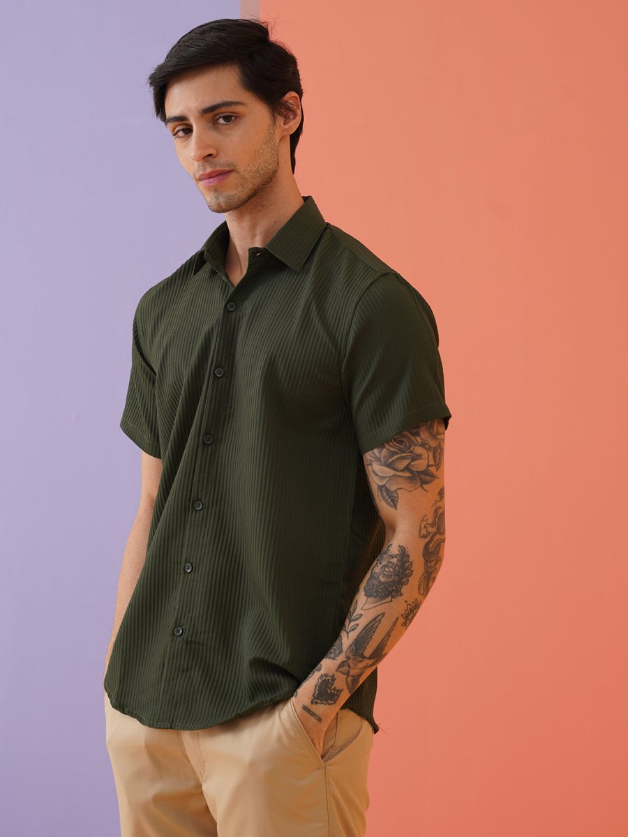 Olive Striped Half Sleeve Shirt for Men - SF_921Olive_S